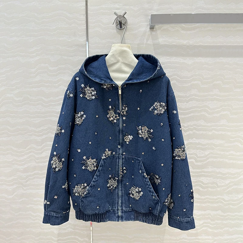 Washed Denim Cotton Hoody Jacket Women 2024 MIU* Heavyweight Denim Jacket 3D Metallic Floral Embellishment Luxury Brands Women\'s