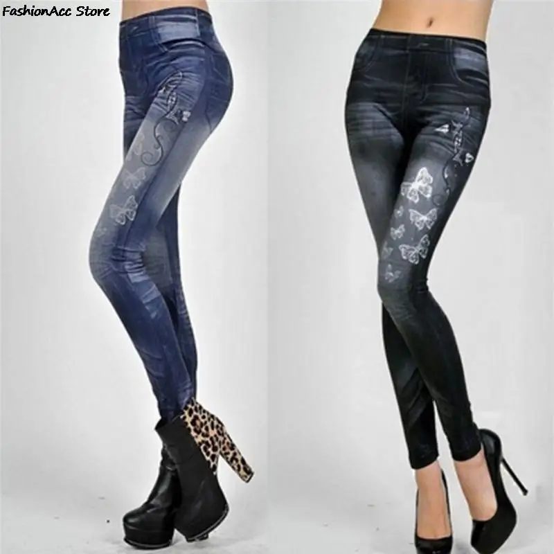 Leggings en denim avec poche pour femme, pantalon en jean slim, pantalon de fitness, bleu, noir