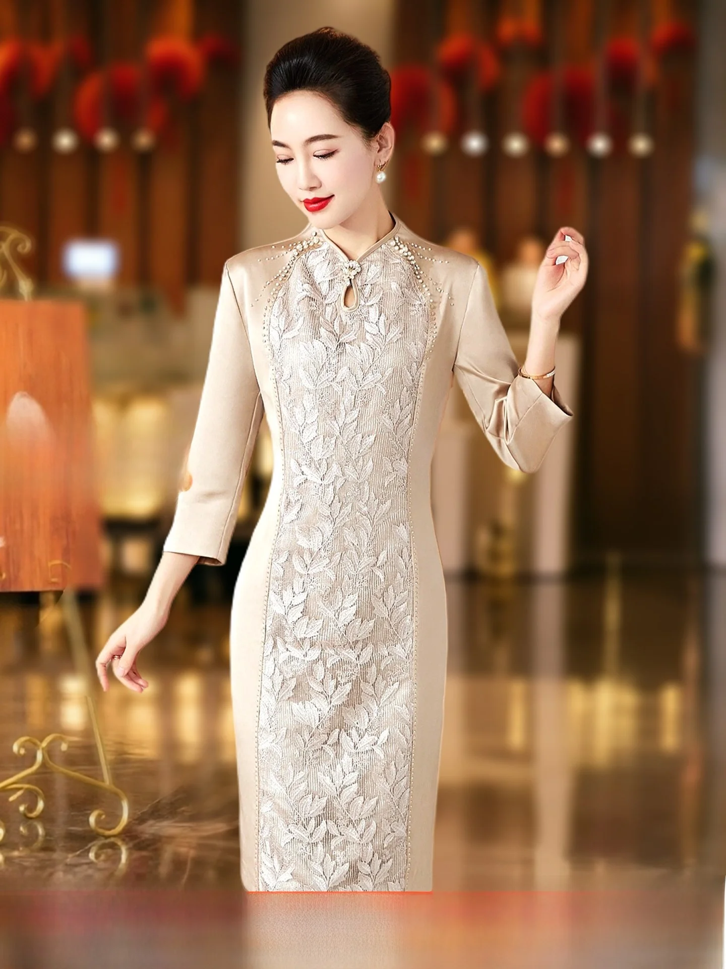 

Elegant Youngish Dress for Wedding Banquet Spring Autumn Fashionable Middle-aged And Elderly Women's Clothing