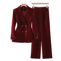 Autumn Winter Corduroy Jacket Pant Sets Two Pieces Womens Outfit Elegant Ladies Double Breasted Blazer Suit Trousers Office Work