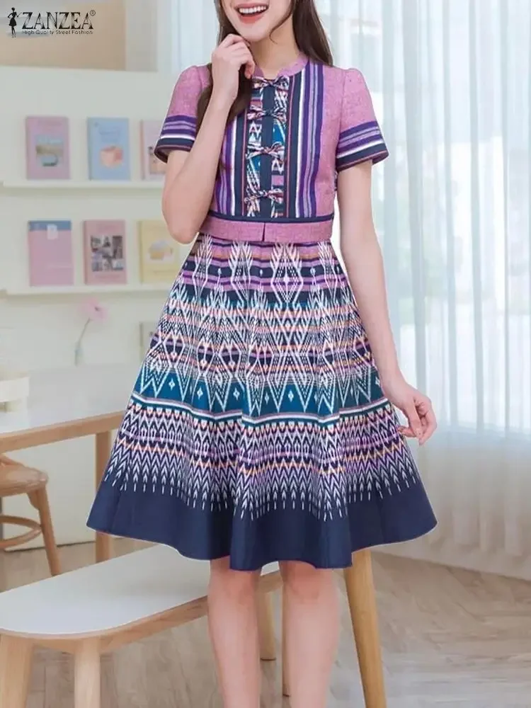 2025ZANZEA Vintage Frauen Druck Kleider Kurze Puff Sleeve Casual Urlaub Partei Sommerkleid Mode Stehen Kragen Lose Vestidos Robe