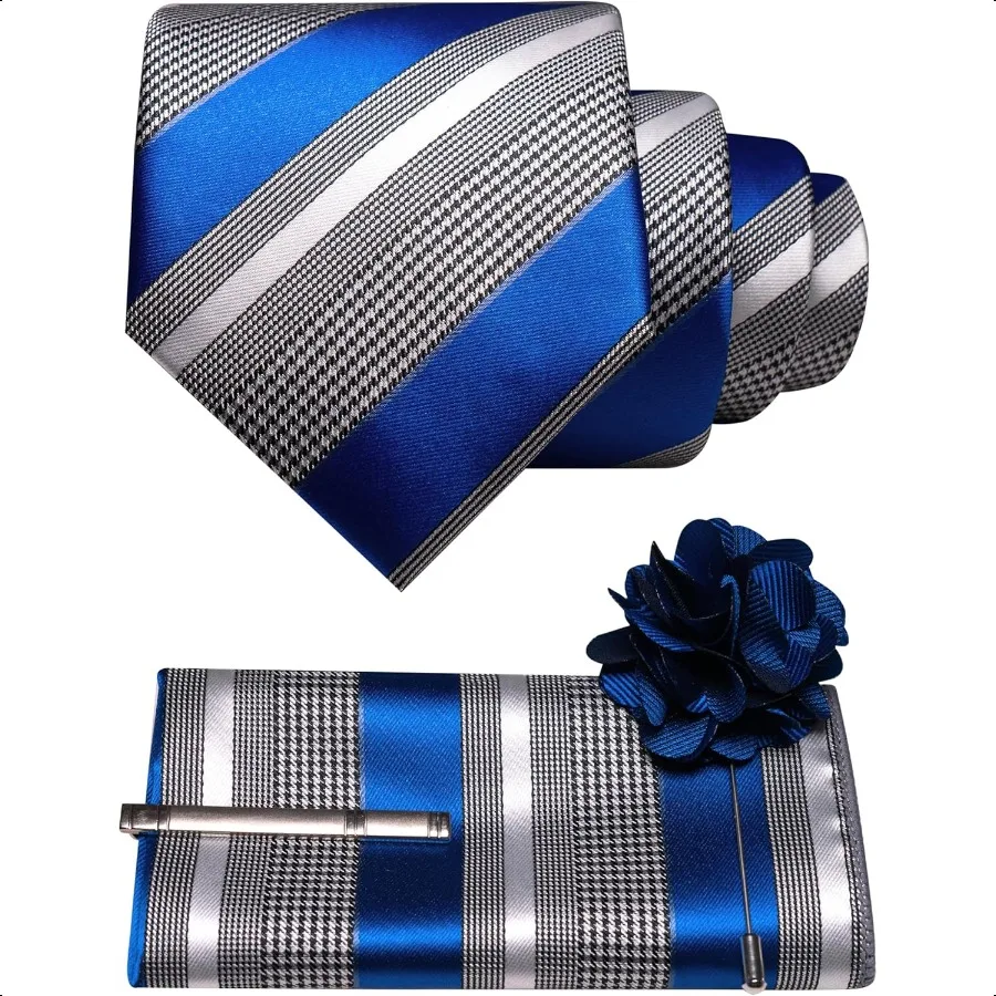 

Mens Striped Tie and Lapel Pin Necktie Pocket Square and Tie Clip Sets for Business Casual 4PCS