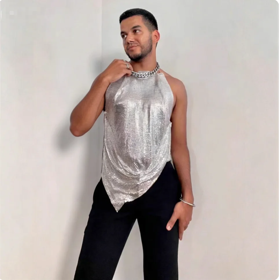 Hot Selling Men's Halter Backless Sequin Tank Top Shiny Metallic Club Party Sexy Night Out Vest Silver Metallic Mesh Halter Top