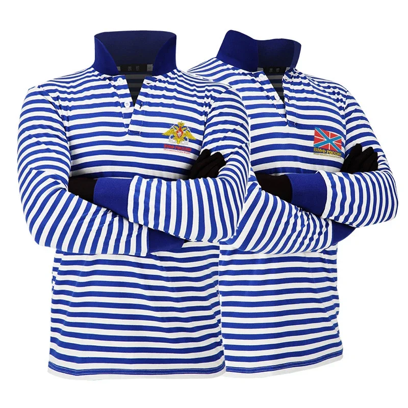 

Russian Naval Jack Flag Emblem Sailor Stripes Polo Shirts 100% Cotton Long Sleeve Mens Striped T-Shirt Telnyashka Top