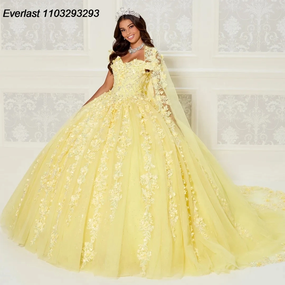 EVLAST Shiny Yellow Quinceanera Dress Ball Gown 3D Floral Lace Applique perline con Cape Sweet 16 Vestido 15 De aecos TQD237