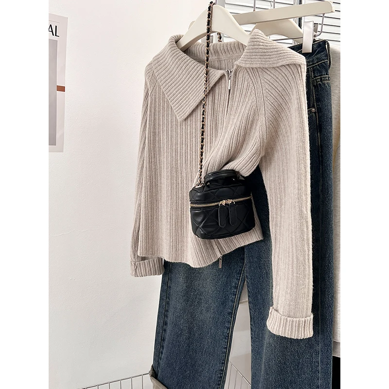 لينة محبوك مزدوجة سستة الياقة سترة المرأة الخريف الشتاء الراقية الشعور الحليب سلسلة تخفيف Sle طويل Sve