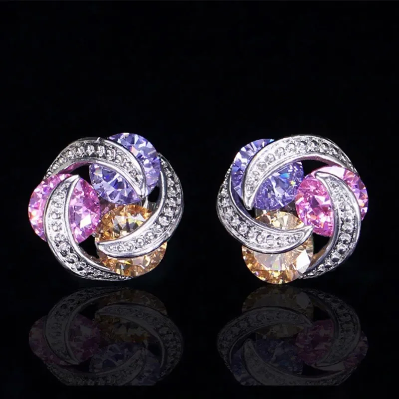 Luxury Silver Color Twist Pink Yellow Multicolor Mosaic Zircon Stud Earrings for Women Girls Gift Oorbellen Pendientes