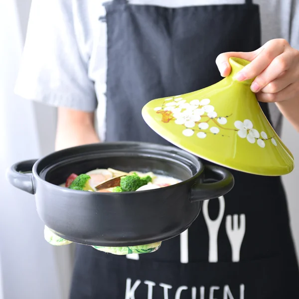 Chinese Style Ceramic Casserole Small No Hole With Handle Taji Pot Ceramic Little Pan Rice Open Fire Pot With Cover Ears ZJ314