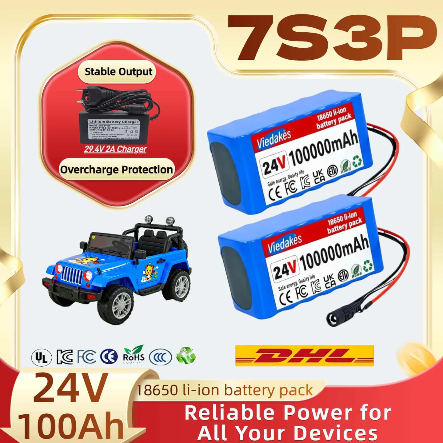 

24V100Ah 7S3P 18650 Lithium Battery Pack with Multi-protection System Compatible with Most Solar & Electric Equipment with BMS