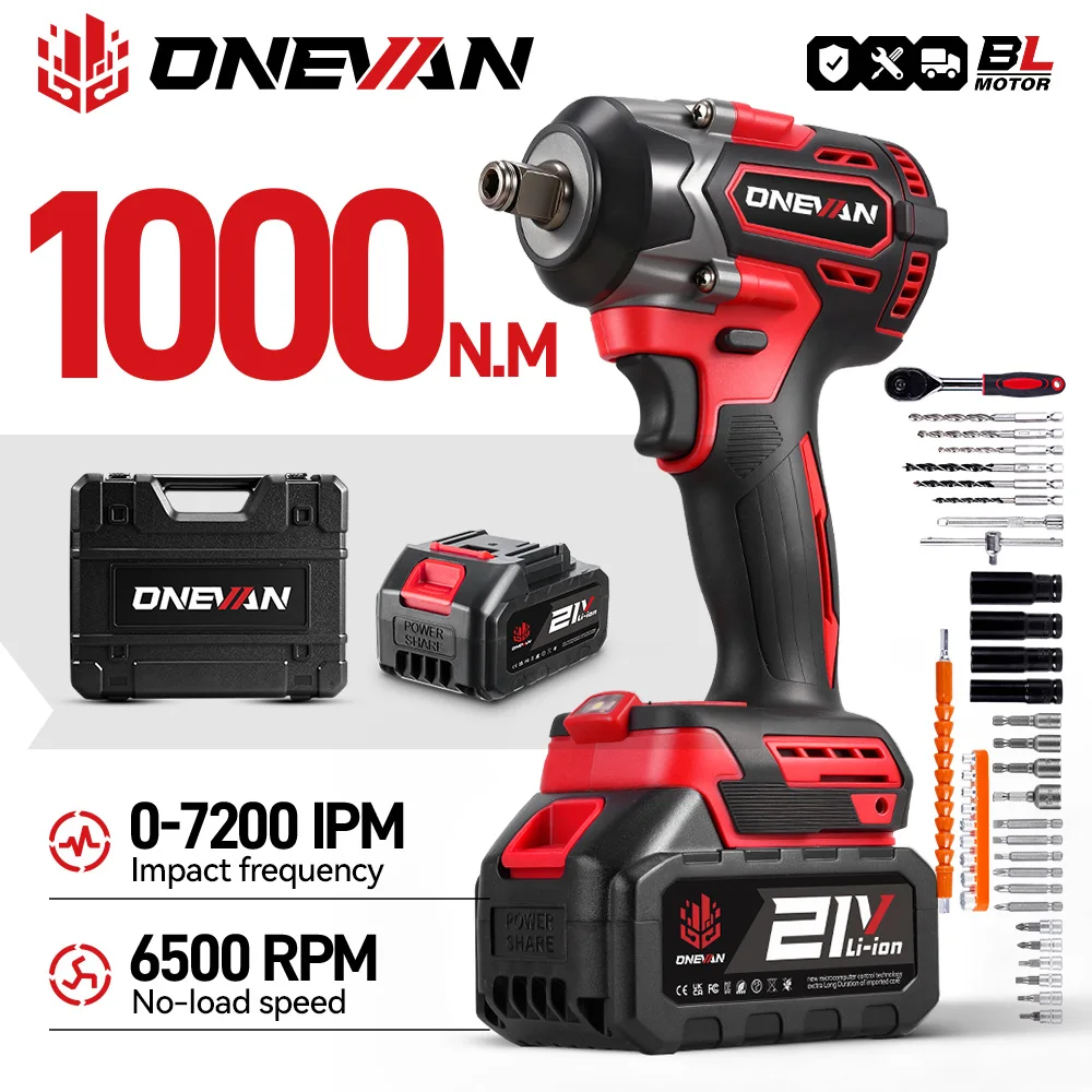 ONEVAN 1000N.M Bürstenloser Elektrischer Schlagschrauber Set 1/2 Zoll Akku-Schrauber Elektrowerkzeug für Makita 18V Akku