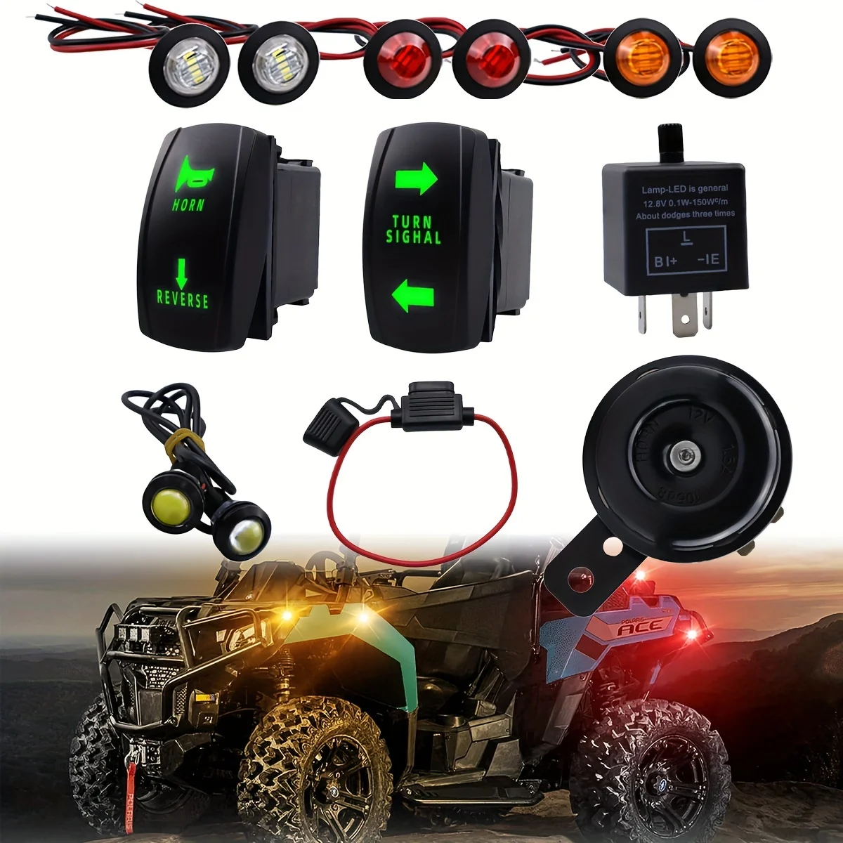 

Universal ATV UTV SXS Street Legal Kit with Rocker Switch Turn Signal Light Horn Flasher Relay