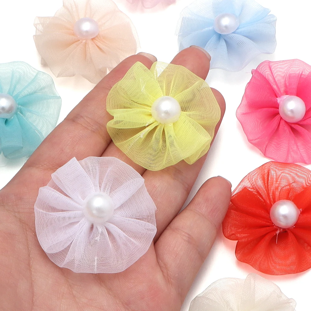 10pcs/lot 4cm Pearl Gauze Pleated Flowers Colorful Handmade Chiffon Flower For Jewelry Making DIY Sewing Decor Accessories