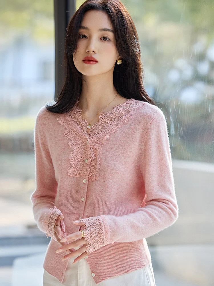 

High Quality Women’s Cashmere Cardigan Lace V-neck Sweater 100% Merino Wool Knitted Office Lady Style Autumn Winter Clothes Top