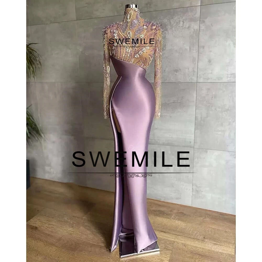 SWEMILE Abito da sera a maniche lunghe con collo alto Lavanda Perline Applicazioni in pizzo Illusion Top Side Split Festa formale Sirena Vestido