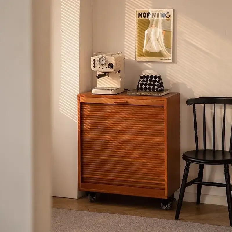 Movable rolling shutter door cabinet, achieving professional-level storage aesthetics with solid wood warmth