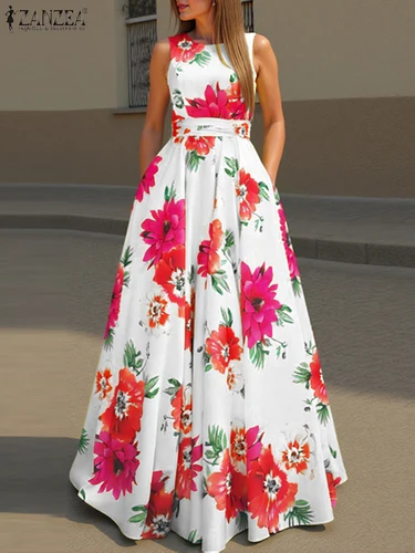 Imagen 2 del producto ZANZEA-vestido bohemio para mujer, vestido veraniego con estampado Floral, sin mangas, con cintura, informal, para fiesta, 2025