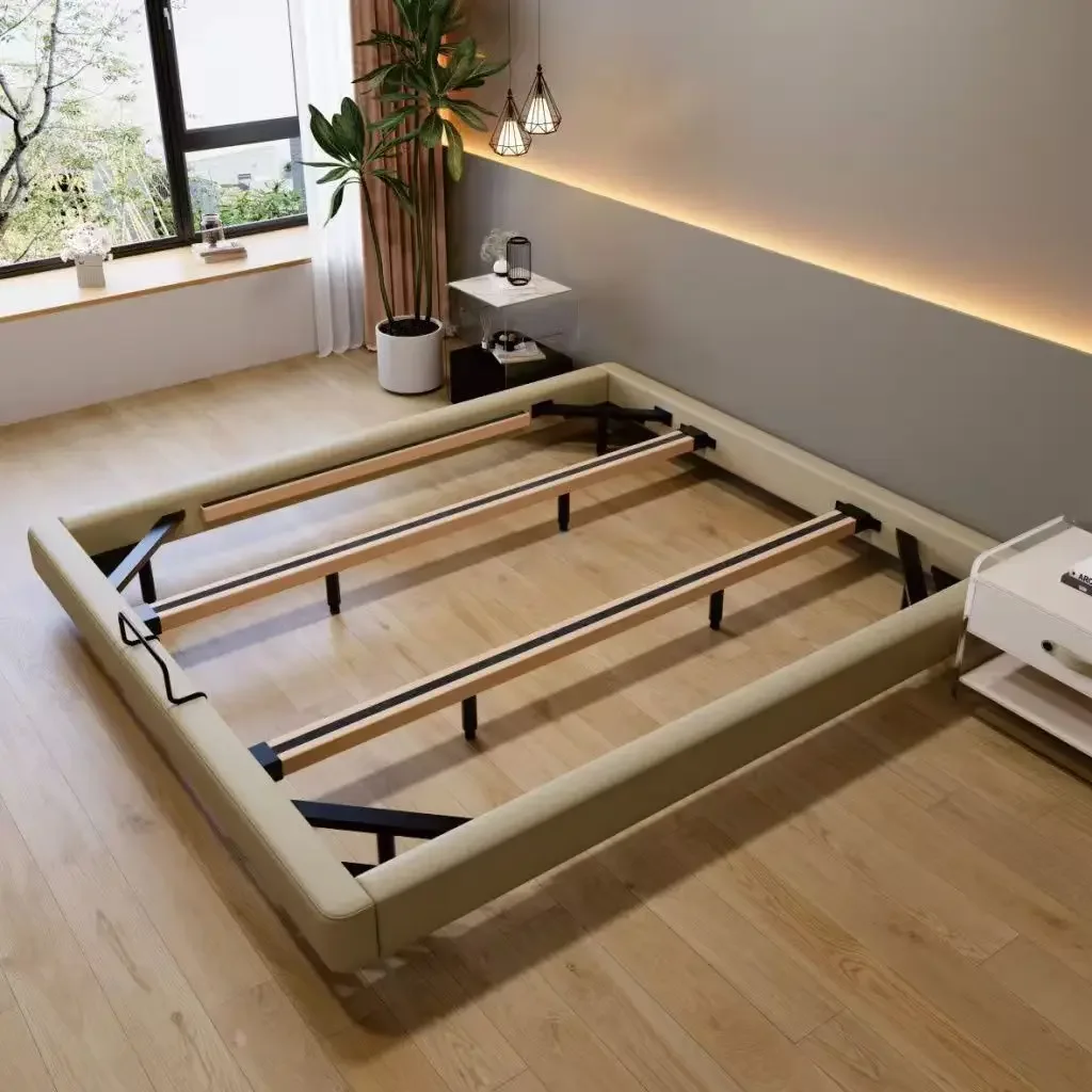 All-solid wood beds, beech ribbed frames, floating bed without headboards, small apartments, light luxury cream-style edge-leng