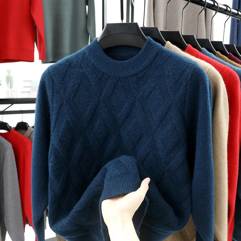 

Мужской утепленный вязаный свитер с круглым вырезом, вышивкой ромбовидным узором, осенне-зимний, новый, универсальный, теплый, удобный, с длинными рукавами