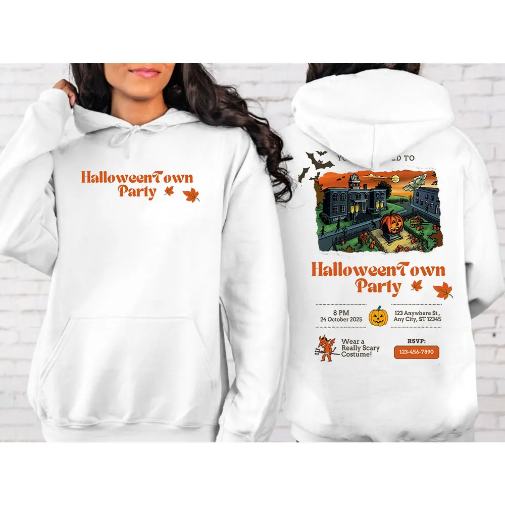 Happy Halloween Men Ladies Pumpkin Bat Hoodie Halloween Town Classic Double-sided Printed Graphic Sweatshirt Halloween Costume