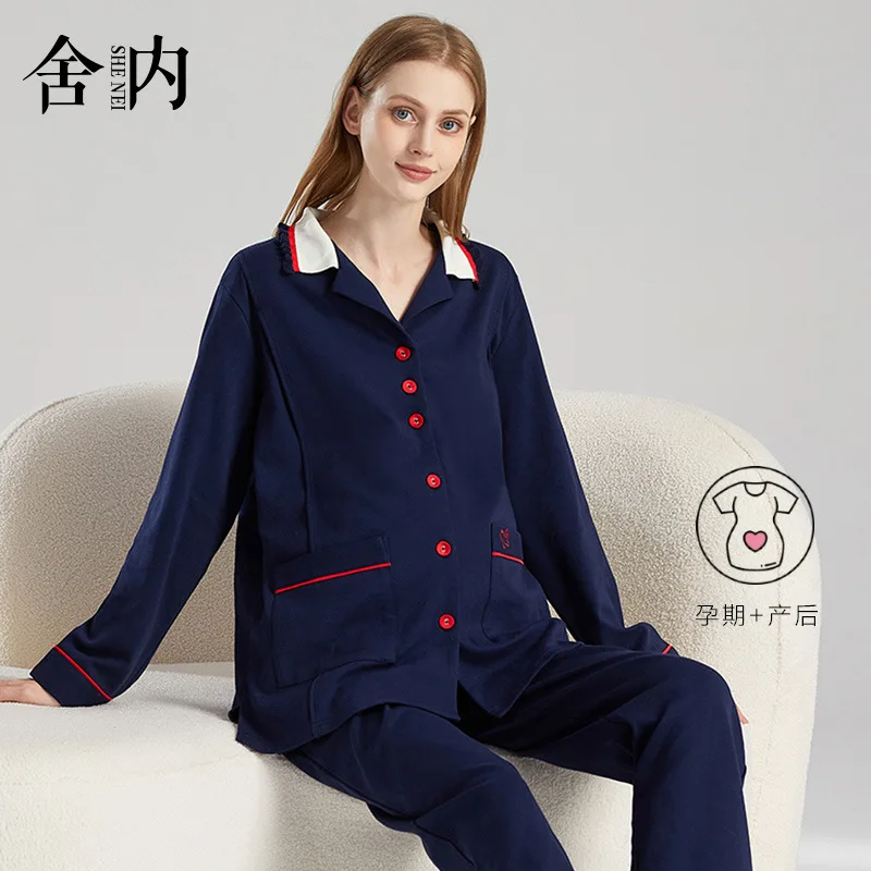 

2024 new Cotton Nursing Pregnant Nightgowns Full Sleeve Maternity Breastfeeding Sleepwear Set For Pregnancy Woman Pajamas Suit