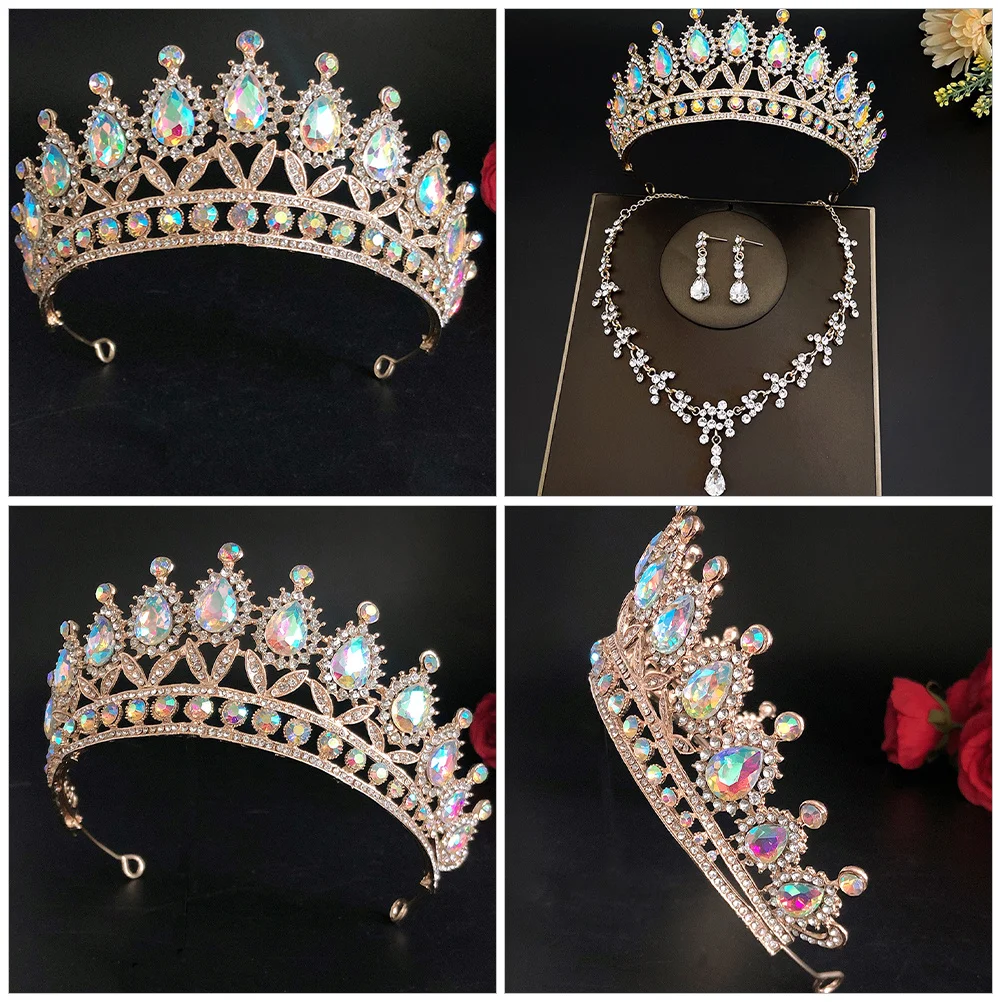 

1Set Bridal Jewelry Set Rhinestone Crown Necklace and Drop Earrings for Women Wedding Party Dinner Valentine Gift Vintage Style