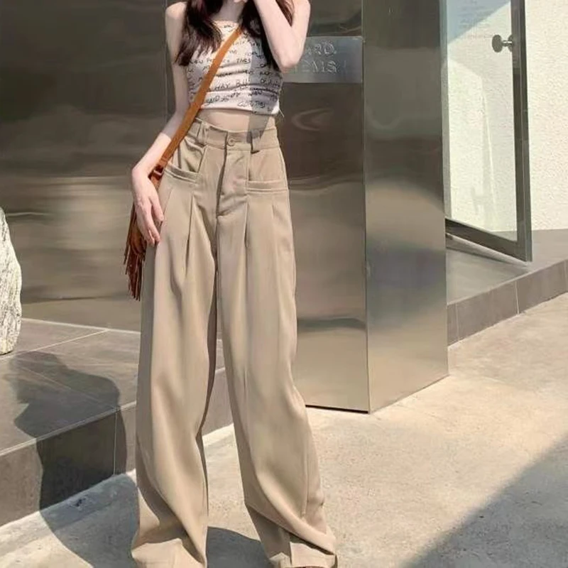 Rimocy High Waist Wide Leg Suit Pants for Women Korean Solid Straight Loose Trousers Woman All Match Pockets Casual Pants Laides