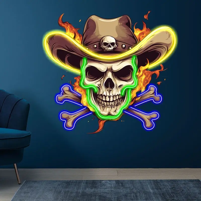 Western Cowboy Skull Neon Sign, Whimsical Wall Decor LED Light, Creative Neon Light