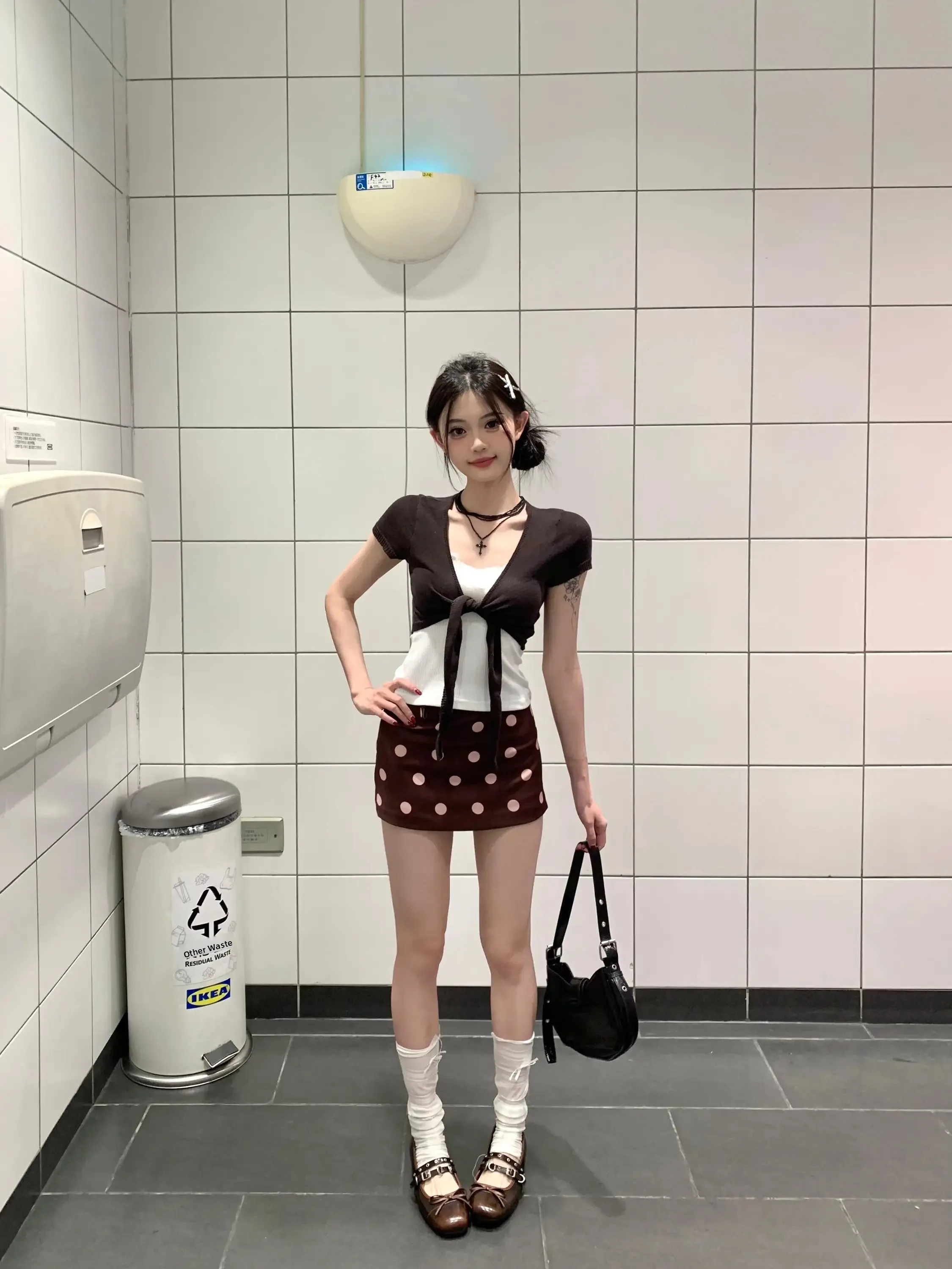 

Retro American Brown Polka Dot Low Waist Short A-Line Skirt Women's Spring Summer New Style Slimming Anti-Walk Skirt