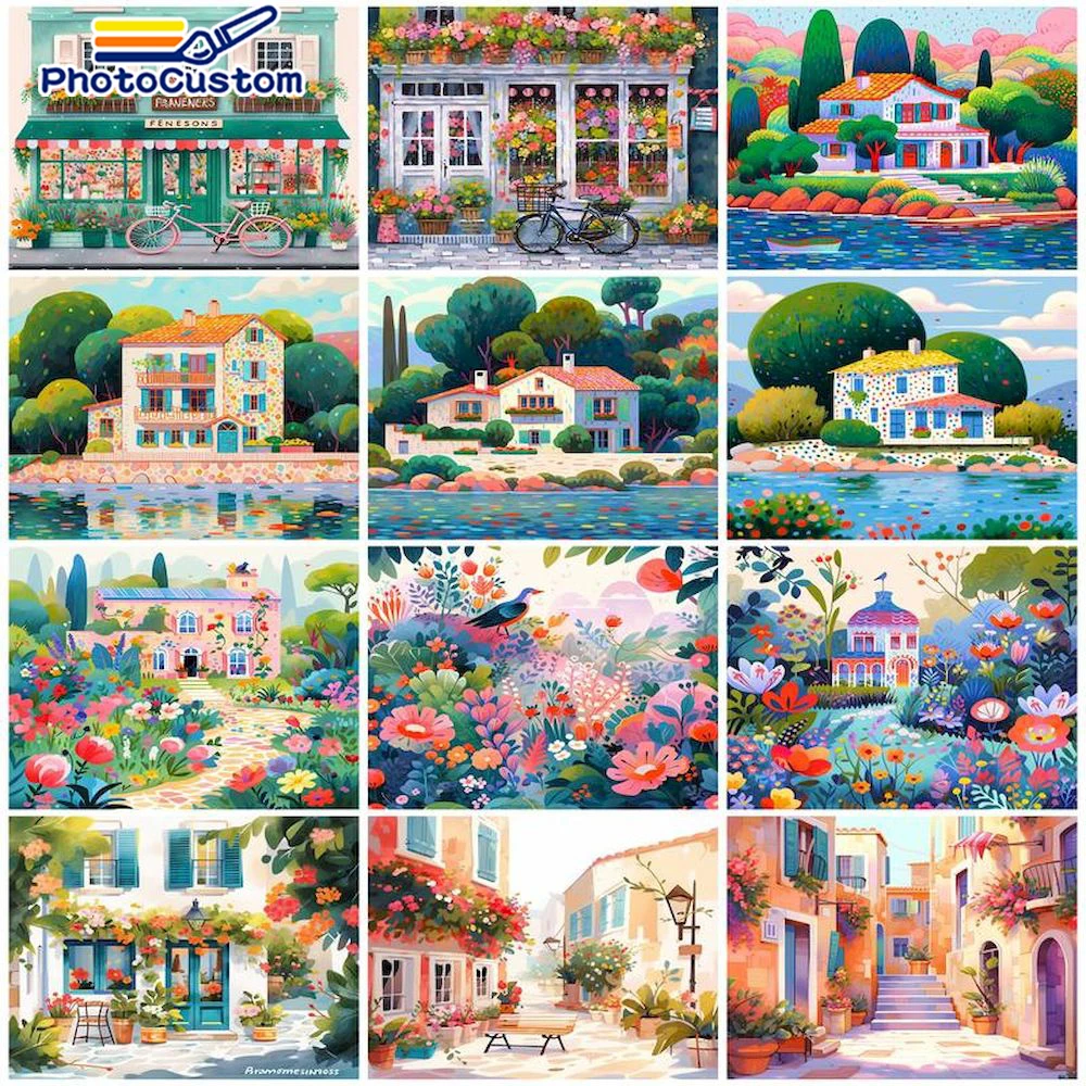 

PhotoCustom Paint By Numbers On Canvas With Framed House Landscape Digital Coloring Drawing Oil Paintings By Number Home Decor