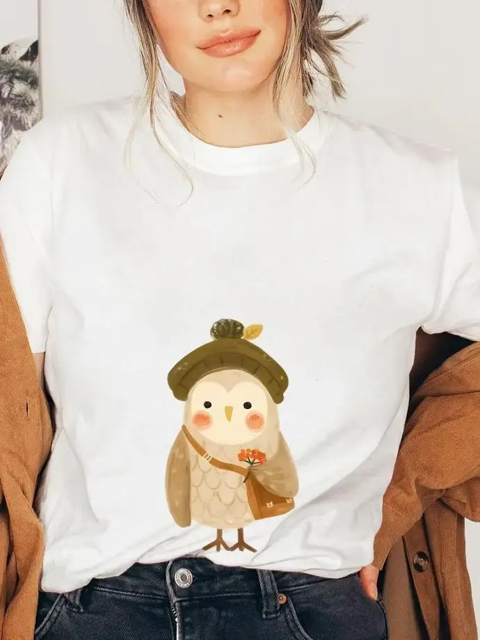 

Hand-Painted Owl, Forest Style, Women's Oversized Tee, Y2k Graphic T-Shirt, Cute Hand-Painted Bunny, Korean Style Summer Top