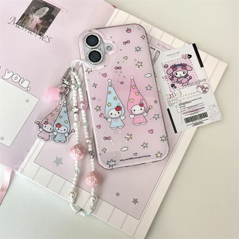 

Новый чехол для телефона INS с милым мультяшным розовым блестящим звездой и длинной шляпой Hello Kitty для iPhone 16 Pro Max, двухслойный чехол с принтом 15 Pro 14 13