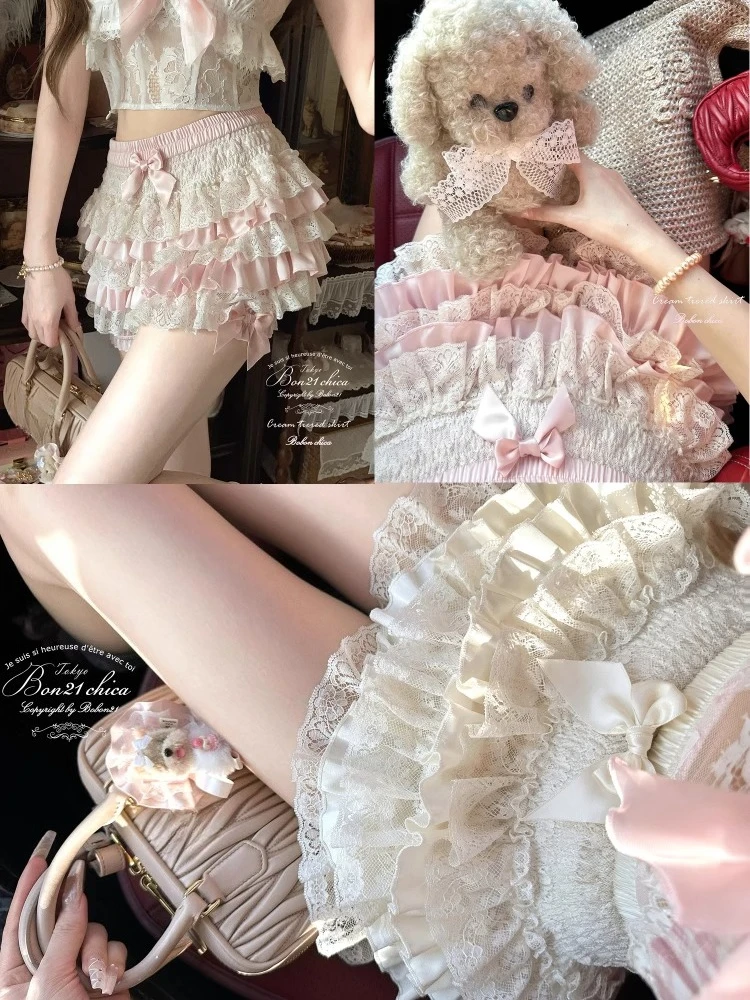 French Style Women's Clothing Doll Feeling Acetate Lace Cake Culottes Japanese Rojita Pink High Waisted Slimming Kawaii Shorts