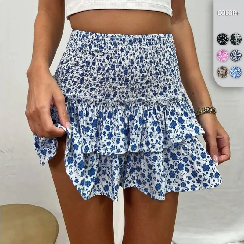 

Womens Floral Print Ruffle Mini Skirt High Waist Elastic Waistband Casual Summer A Line Skirt