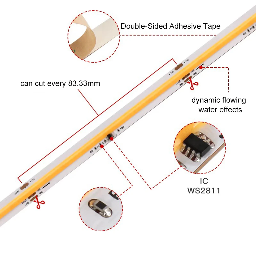 DC24V WS2811 Running Water COB Led Strip Light 10mm 360leds/m Flexible FCOB Led Tape Ribbob Lamp For Home Room Decor 5m 10m