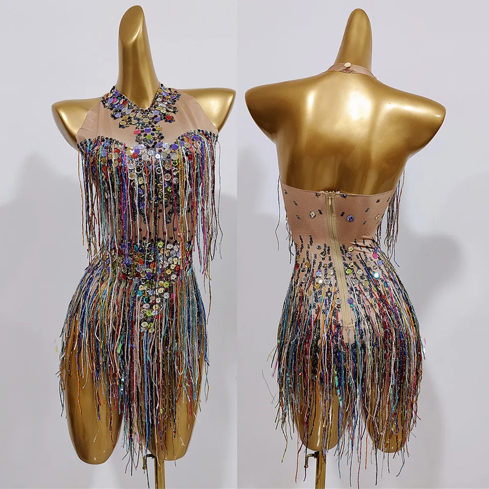 

Adult Women Latin Dance Crystal Tassel Bodysuit Colorful Sequins Fringe Leotard Nightclub DJ Dancer Team Performance Stage Wear