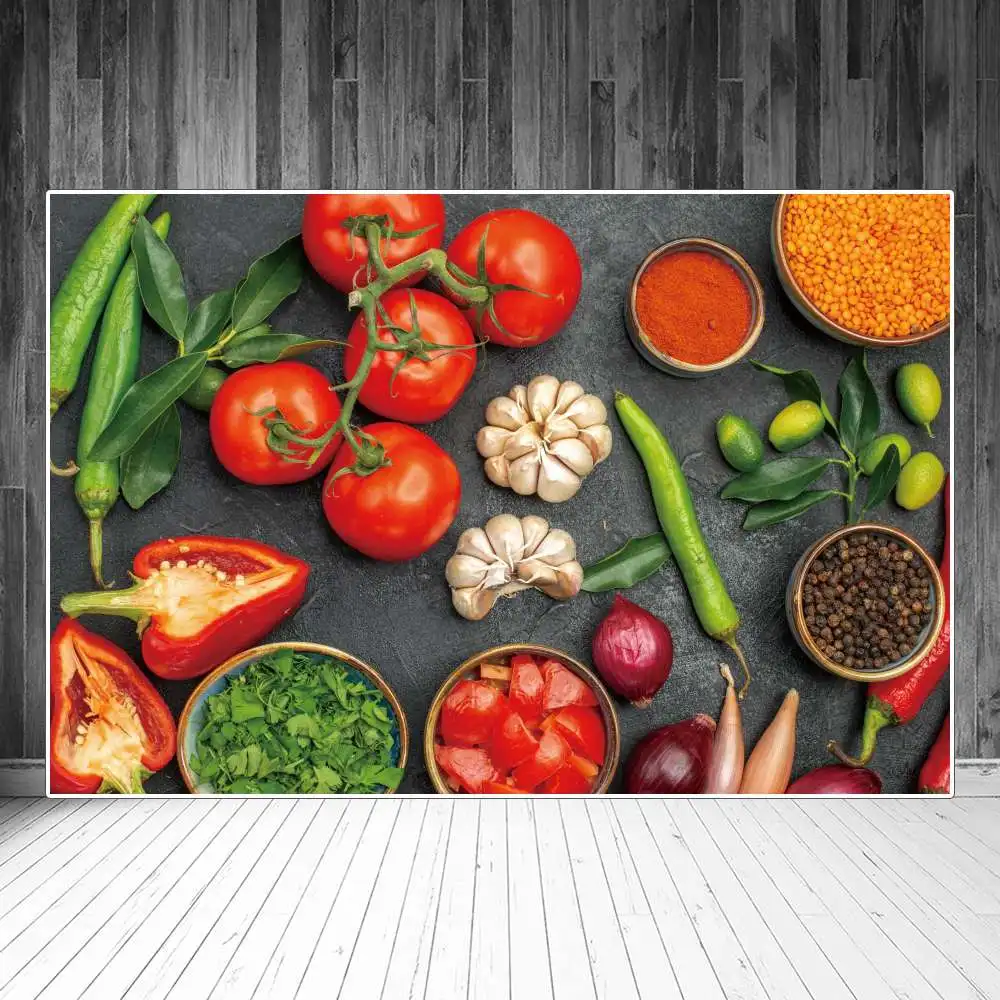 Green Food Cooks Photography Backdrops Eventing Party Decoration Tomatoes Flavoring Table Sign Photocall Photo Backgrounds Props