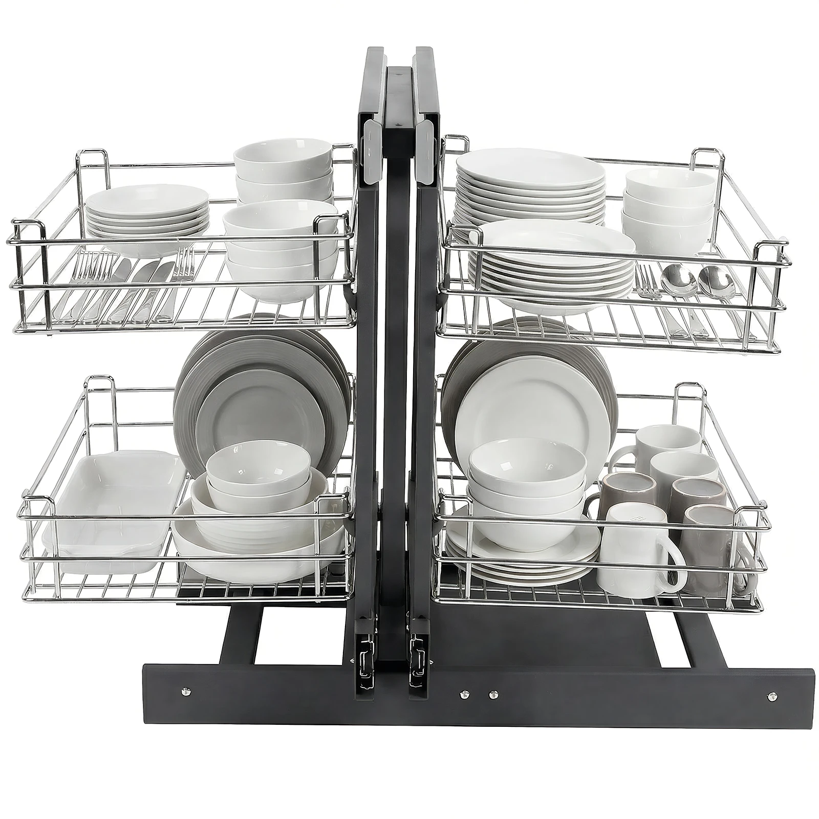 

Dual Tier Pull-Out Basket Damping Buffer Dish Basket Left Open & Right Open Compatible for Blind Corner Kitchen Or Bathroom