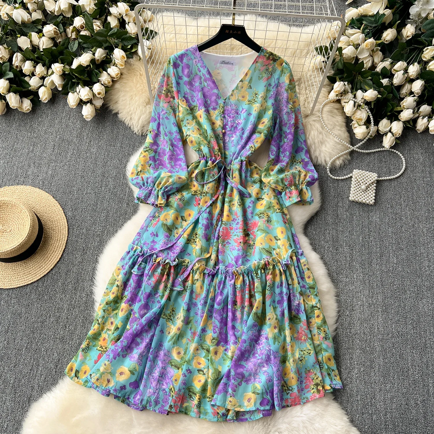 2024 Romantische Bloemenprint Chiffon Lange Mouwen Jurk Vrouwen Sexy V-Hals A Line Strand Vestidos Elegante Elastische Taille Feestjurk