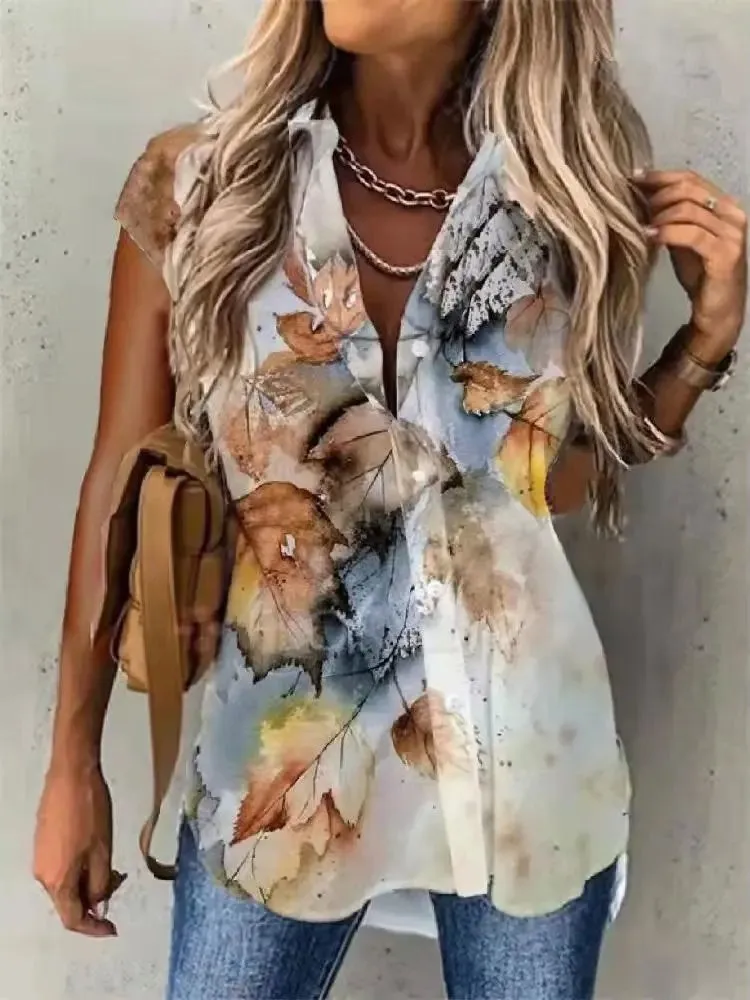 

New Women's Printed Collar ort Sve irt Casual Loose Fit Polyester Fiber Regular Sve Length Floral Pattern Button Cl...