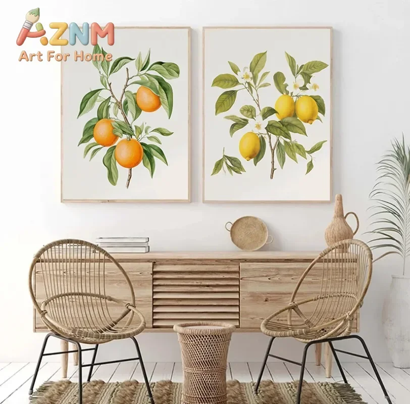 Fruit Medley Canvas Wall Art - Orange Lemon Tree Grapes Pomegranate Apple Poster - Kitchen Home Decor - Fruit-Themed Painting Pr