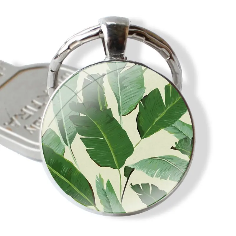 Fashion Cartoon Creative Design Plantain Banana Leaf Plants Keychain Handmade Glass Cabochon Key Ring Holder Pendant Key Chains