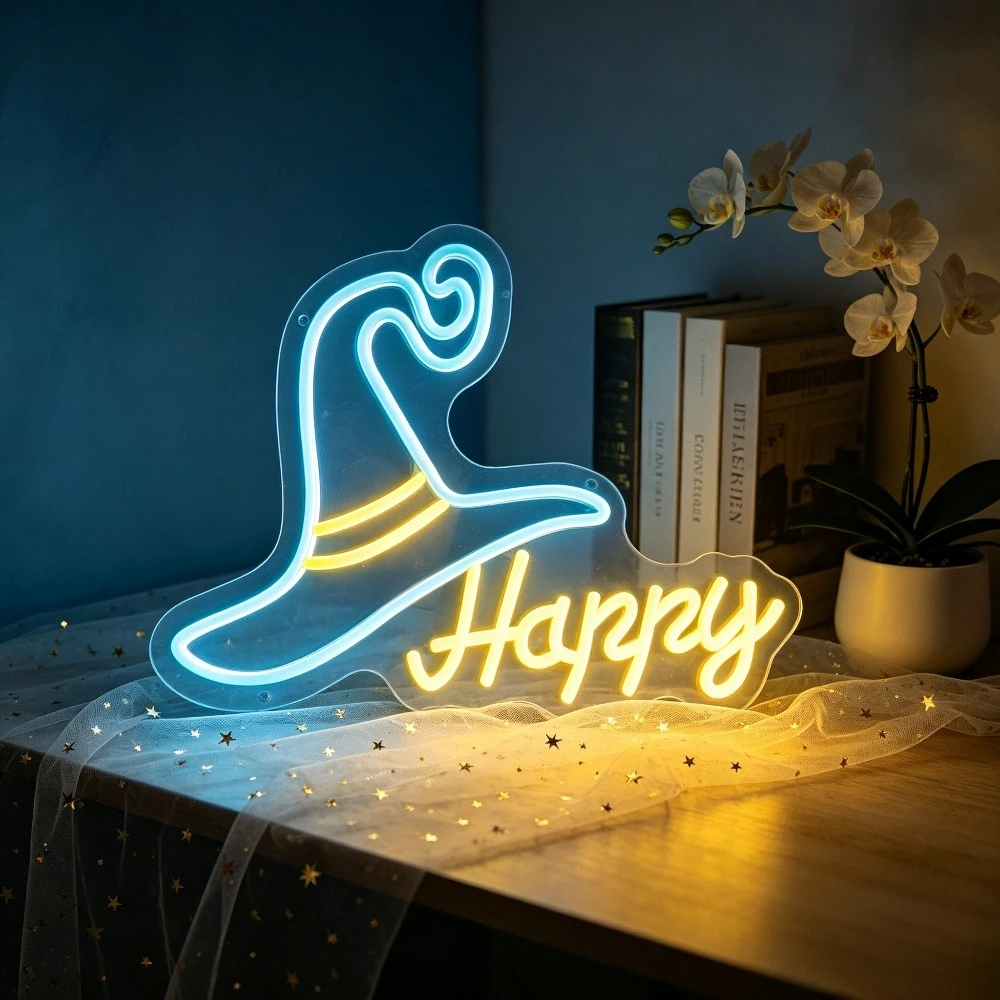 Happy Neon Sign LED Wizard Hat USB Reusable Fantasy Theme Night Light for Kids Room Birthday Party Home Decor Gift