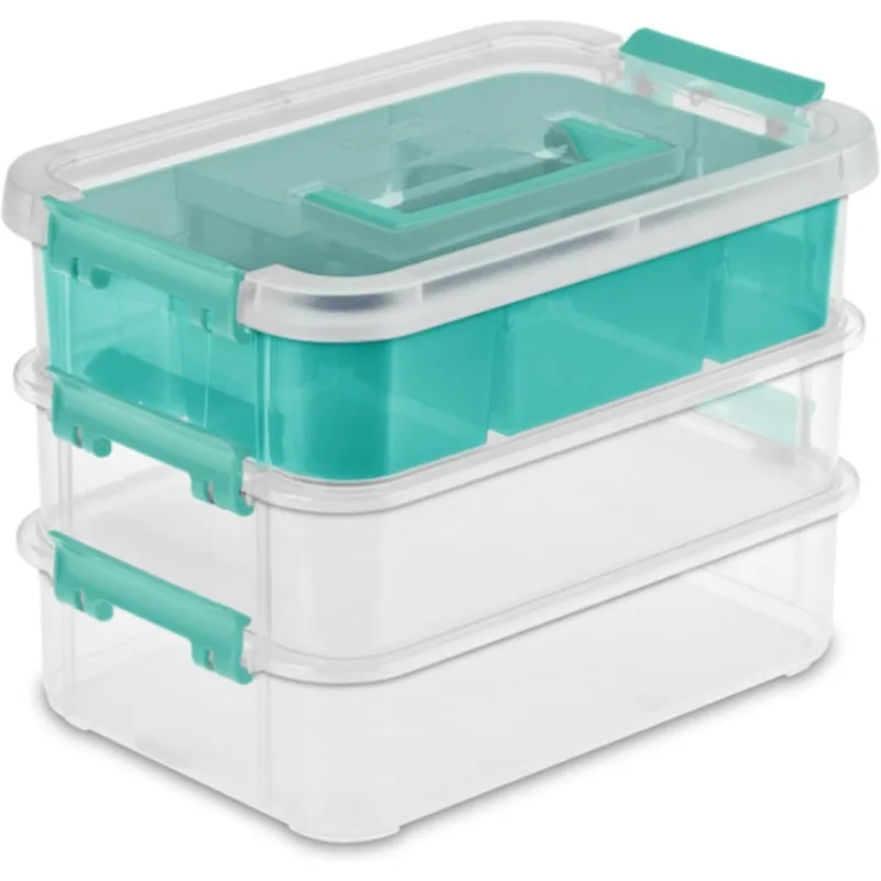 2025   Stack and Carry 3 Layer Handle Box and Tray, Organize Crafts, Clear with Blue Tray, 12-Pack