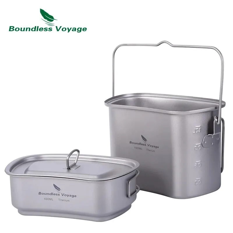 Boundless Voyage Titanium Hanging Pot Cup Cooking Set with Lid Folding Handles Outdoor Camping Cookware Mess Kit 1500ML + 600ML