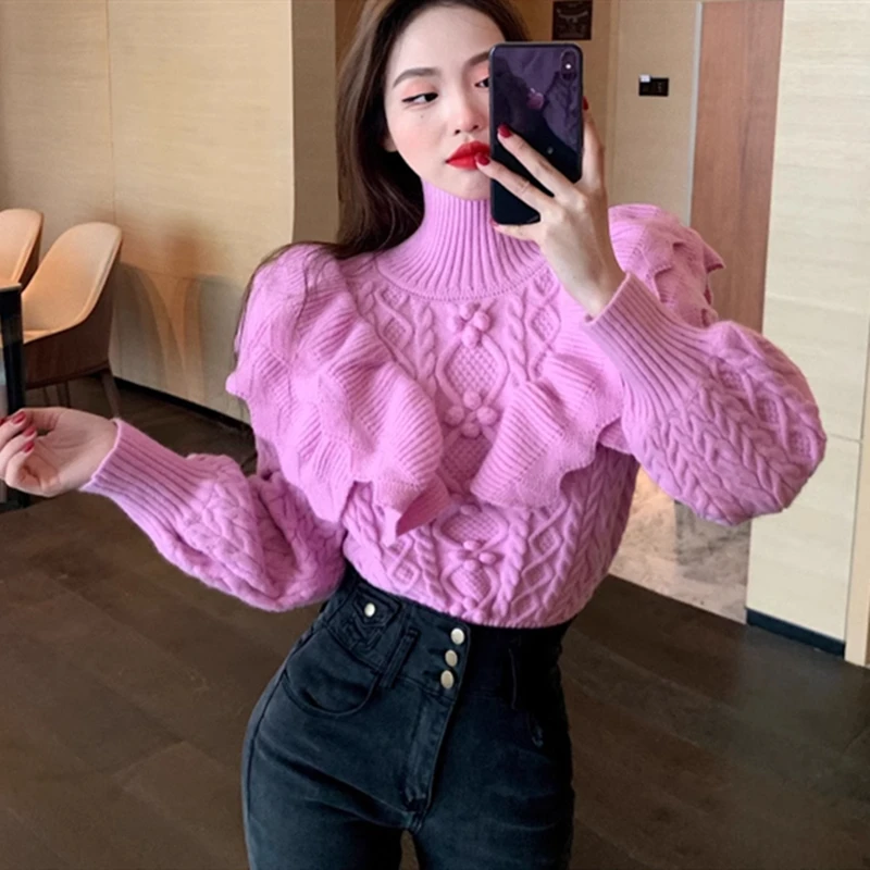 Sweet Ruffles Turtleneck Sweaters Sexy Lady Purple Pink Twists Knitwear Korean Aesthetic Crop Top Warm Winter Jumpers Pullover