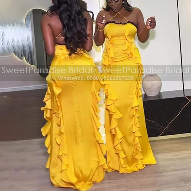 Gold Yellow Ruffles Mermaid Bridesmaid Dresses Customized Long Criss Corss Back Plus Size Women Sheath Party Dress Maid Of Honor