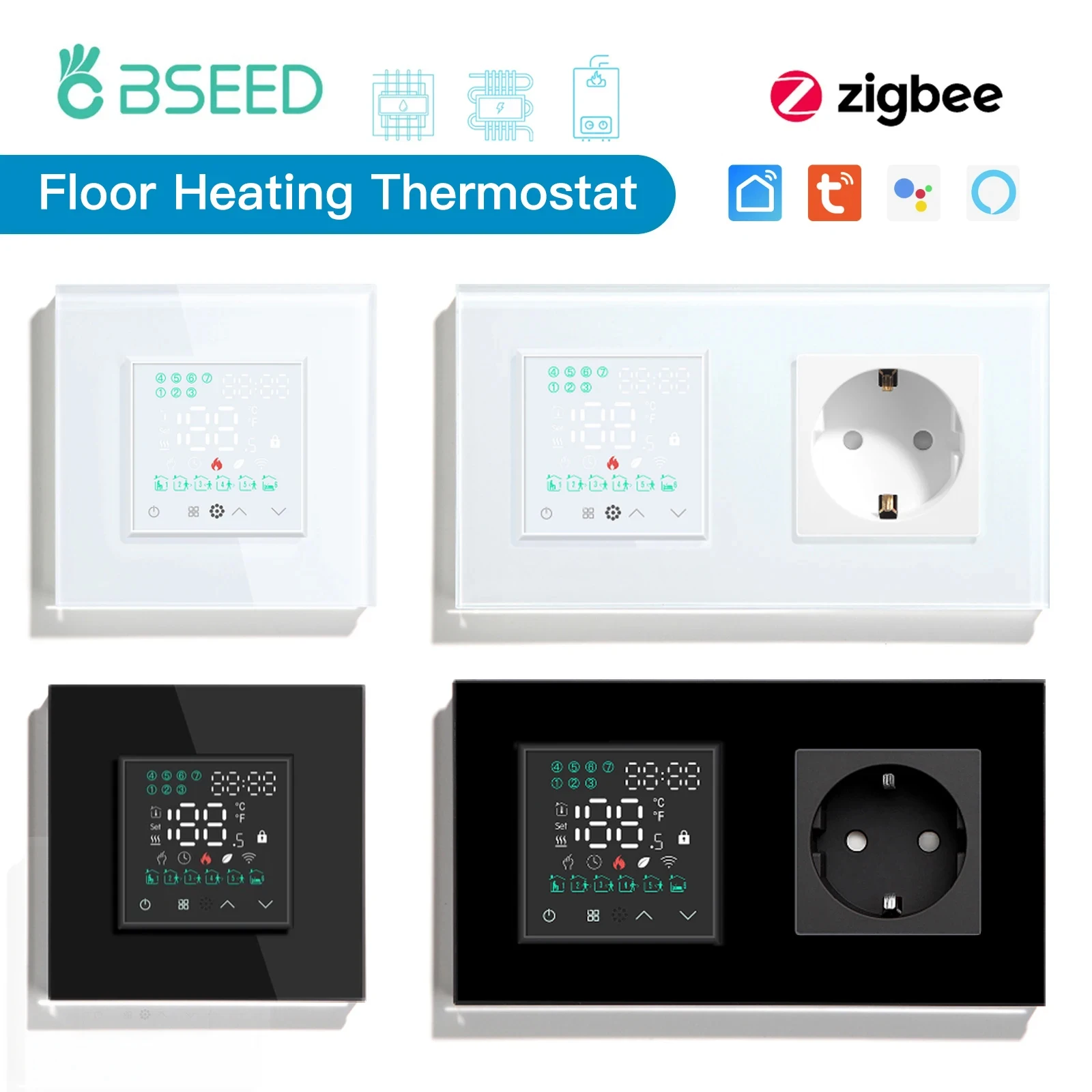 BSEED Touch Screen Electric Floor Heating Water Boiler Room Thermostat ZigBee Alexa Google App Temperature Controller Backlight