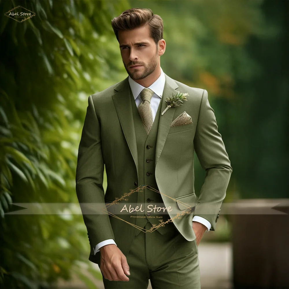 

Classic Army Green 3-Piece Men's Suit Set Wedding Banquet Business Meeting Attire Comfort Fit Blazer Vest Pants Custom Made
