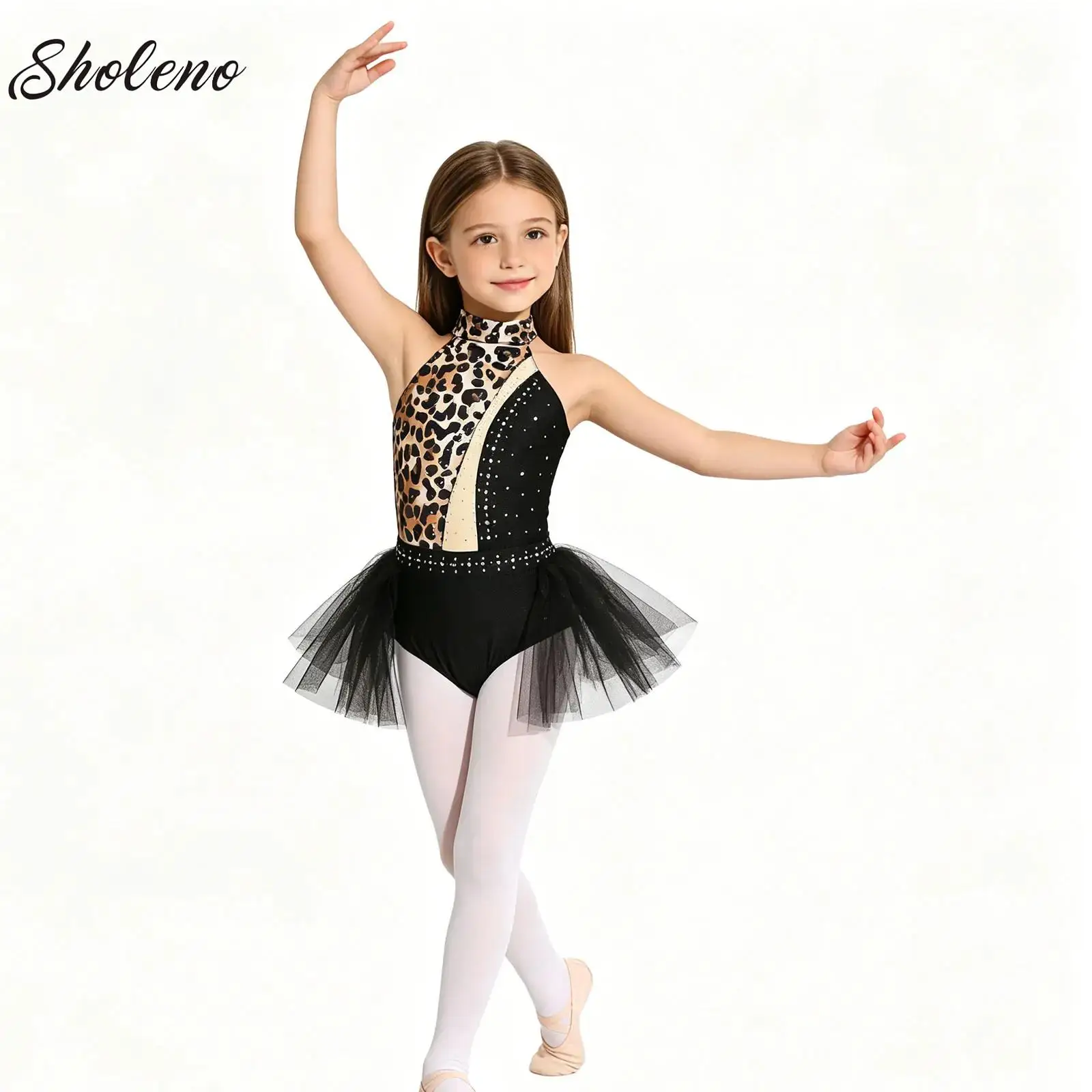 

Kids Girls Lyrical Dance Dress Shiny Rhinestone Sleeveless Mesh Overlay Ballet Gymnastics Leotard Tutu Figure Skating Clothes