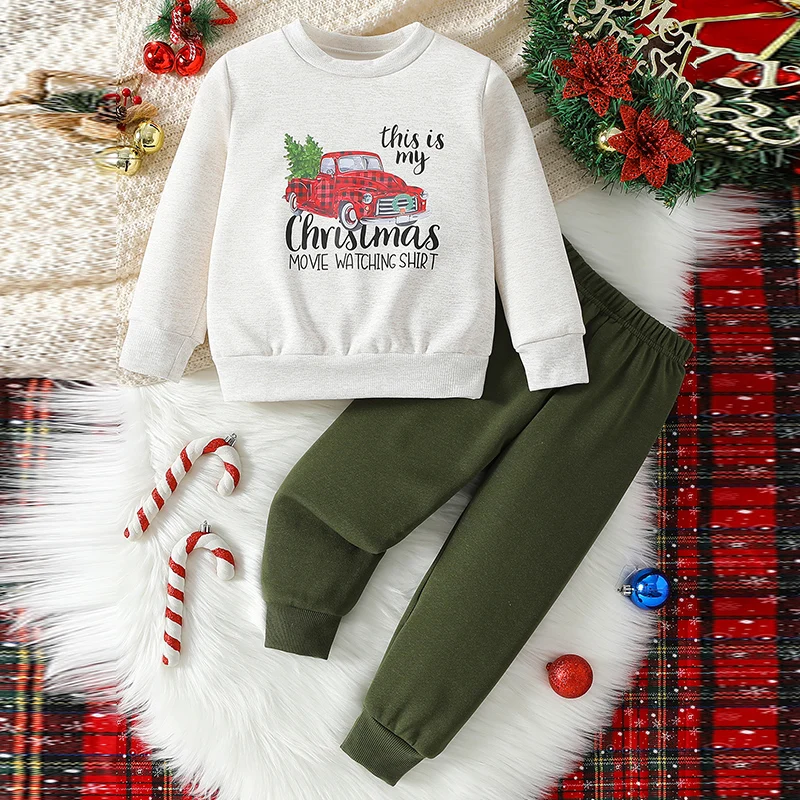 2-piece Autumn/Winter Children's Halloween Fun Cartoon Casual Set Boys' Fashionable Santa Claus Top Girls' Cute Holiday Clothes